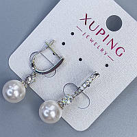 Сережки Xuping родій з перлиною d-10мм та білими стразами L-30мм + - купити біжутерію оптом в інтернеті