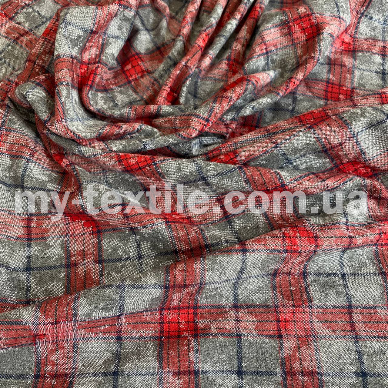 Сорочкова тканина Байка клітина Фланель 220 grm Сірий з червоним, фото 1