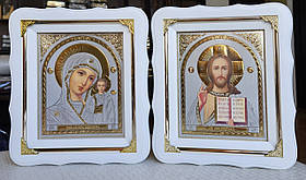 Ікони Вінчальні Спаситель,П.Б.Казанська  під срібло у білому деревянному кіоті під склом, кіот 21*24, лік15×18