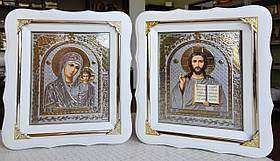 Вінчальні Ікони Спаситель П.Б.Казанська в білому деревянному кіоті під склом, розмір 24*21,лік15*18(павлін)