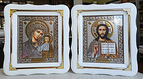 Вінчальні Ікони Спаситель П.Б.Казанська срібло в білому деревянному кіоті під склом, розмір 24*21,cюжет 15*18