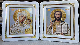 Вінчальна Ікони #2 Спаситель,П.Б.Казанська в білому деревянному кіоті під склом,  розмір кіота 21*24, лік15×18