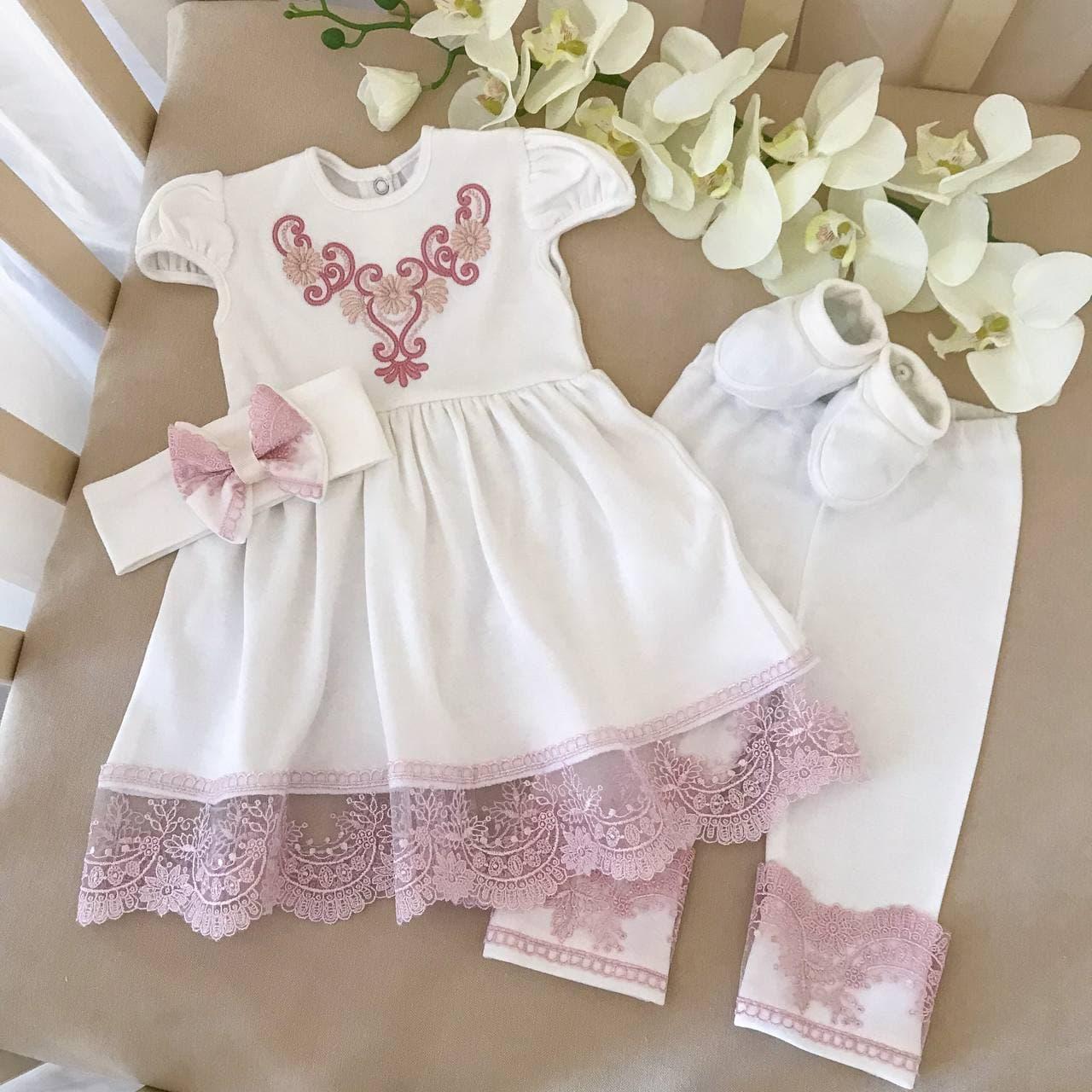Костюм для хрещення "Світлинка" короткий рукав інтерлок зріст 74 см (6 – 9 місяців) Betis Молочний з пудровим, фото 1