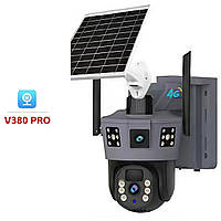 Камера видеонаблюдения уличная 4G на солнечной батарее и аккумуляторе IP камера V380 Pro, 3 линзы, 3G, LTE, от