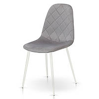 Сучасний кухонний обідній м'який стілець світло сірий велюр для кухні на білих металевих ніжках Ember-L