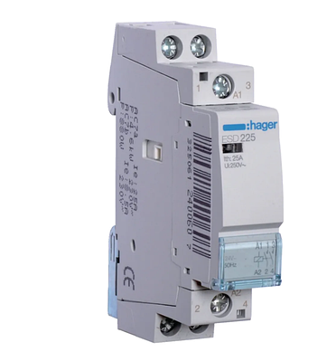 Контактор Hager ESD225 24В/25A, 2НВ, 1 модуль, пускач для насосів (керуючі контакти 24В, перемінний струм)