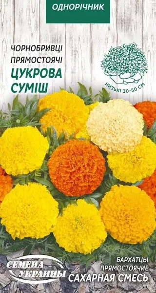 Чорнобривці прямостоячі низькі ЦУКРОВА СУМІШ 0,3 г ТМ Насіння України, фото 1