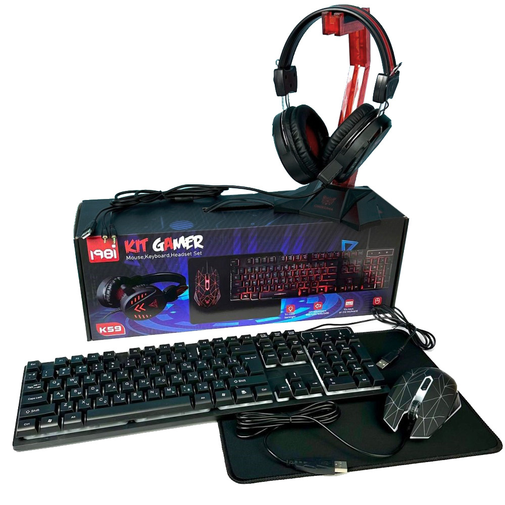 Ігровий набір 4в1 KIT Gamer K59, мишка з підсвічуванням, навушники з мікрофоном, килимок, ігрова клавіатура