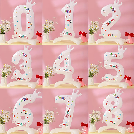 Фольгована кулька цифра 7 на підставці 80см Happy Birthday з короною | Білий, фото 2
