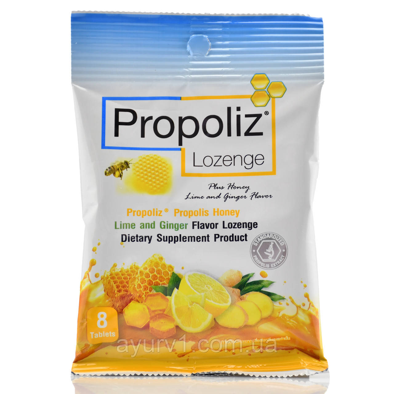 Льодяники для горла Прополіс, Мед, Лимон, Імбир, Лайм Propoliz lozenge 8tab