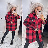 Удлиненная теплая женская рубашка в клетку оверсайз батал на кнопках шерстяная с нашивкой размеры от 54 до 60