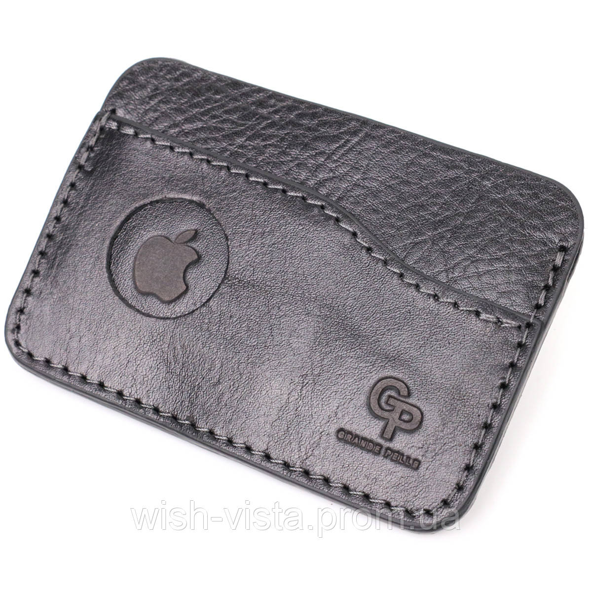 Кардхолдер горизонтального типу з тримачем для Apple AirTag з натуральної шкіри GRANDE PELLE 11613 Чорний, фото 1