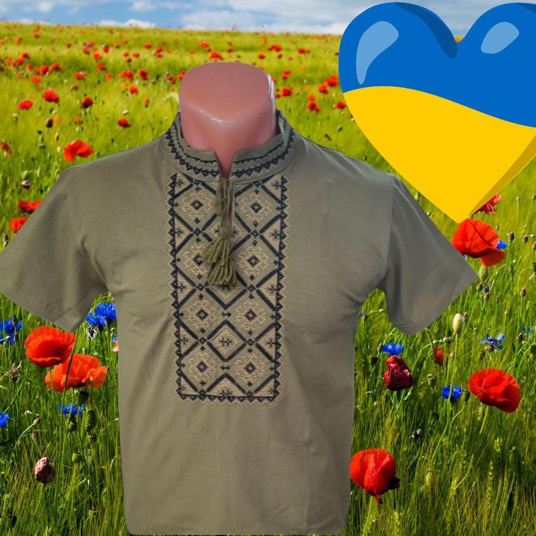 Опт Вишиванка короткий рукав для хлопчиків з зеленою вишивкою р. 122-146 хакі