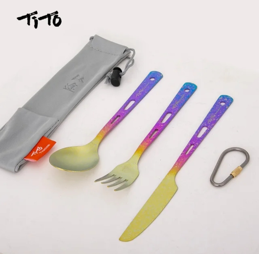 Набір столових приборів з титану з анодуванням: ложка, виделка, ніж, карабін Tito, фото 1