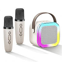 Дитячий набір для караоке портативна Bluetooth колонка с 2 мікрофонами і RBG підсвіткою (K12), Айворі