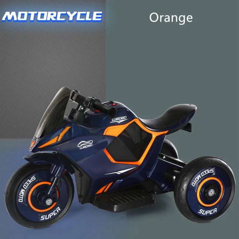 😎Дитячий електромотоцикл триколісний 301,1 акумулятор 6V4A 2 двигуни, MP3/USB, до 5 км/год Синьо-помаранчевий, фото 1