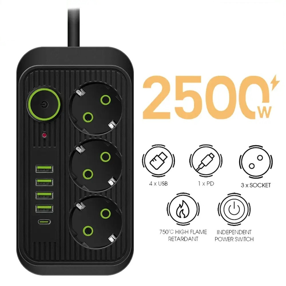 Мережевий фільтр живлення Meilepai Power Socket F09U 3 розетки +4 USB + Type-C Port 6 m, мережевий подовжувач розеток,
