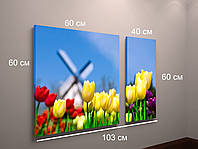 Модульныа картина Тюльпаны, Цветы, Мельница, Небо голубое, Желтые тюльпаны 2 панели, общий размер 100x60см