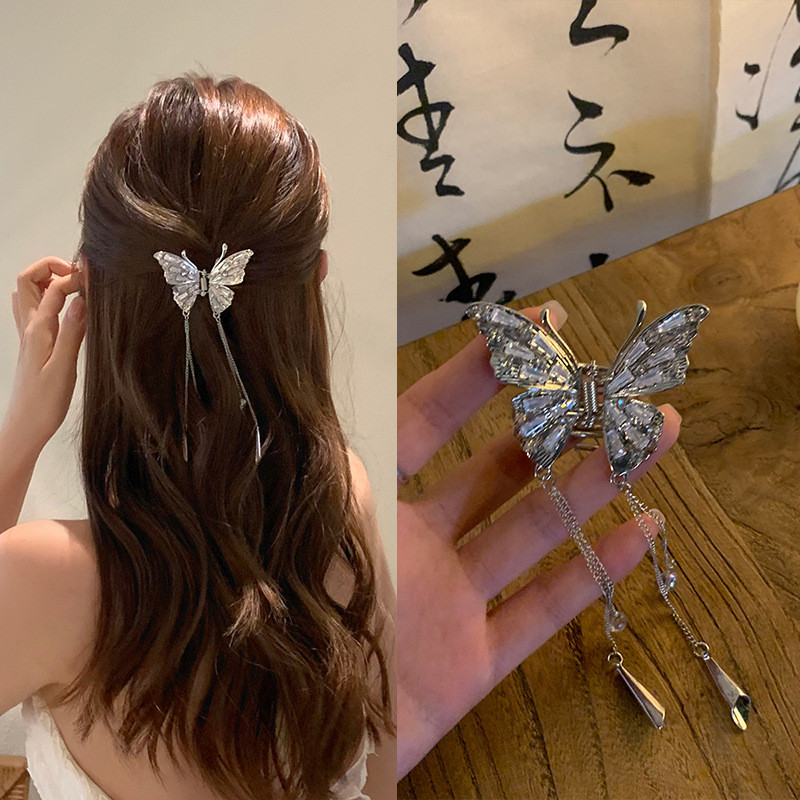 Крабик для волосся Метелик сріблястий зі стразами, шпилька, затискач, прикраса/FS-2327, фото 1