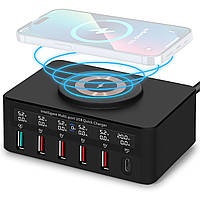 Зарядна док станція Addap MCS-818H, швидкісний зарядний пристрій на 5 USB-A + 1 Type-C порт, з бездротовою зарядкою, PD, QC, 100W