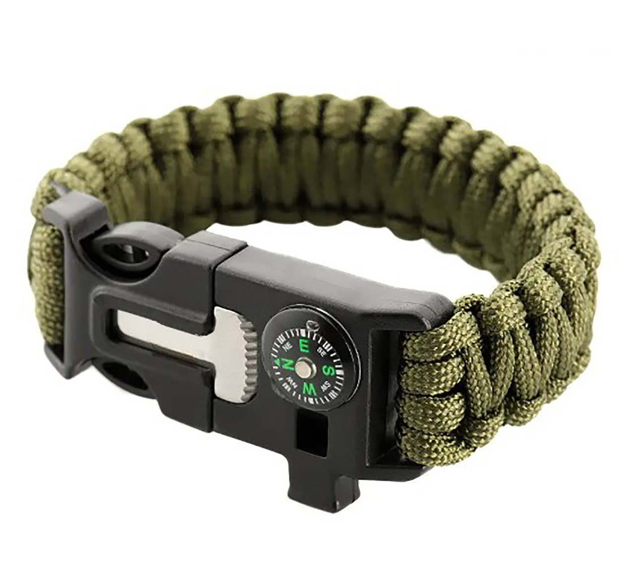 Тактичний паракордовий браслет 4 в 1 (паракорд з іскровисікачем, компасом, свистком), олива, фото 1