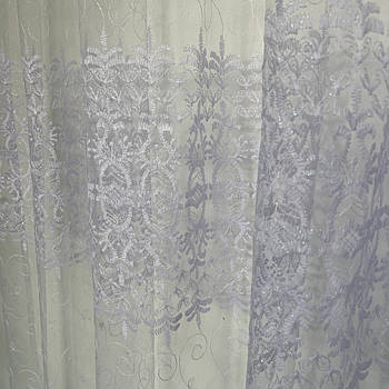 Тюль на вікна, сучасні гардини з фатину з вишивкою на тасьмі, тюль у спальню білий (T-310)