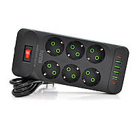 Мережевий фільтр F33U, 6 розеток EU + 4 USB + 2 PD, кнопка увімкнення з індикатором, 2 м, 3х0,75 мм, 2500 W, Black,