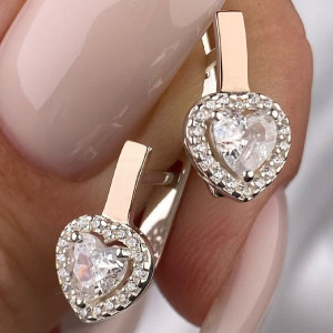 Срібні сережки з золотими накладками з фіанітами в формі серця (довжина 1,5 см) РН-638, фото 1