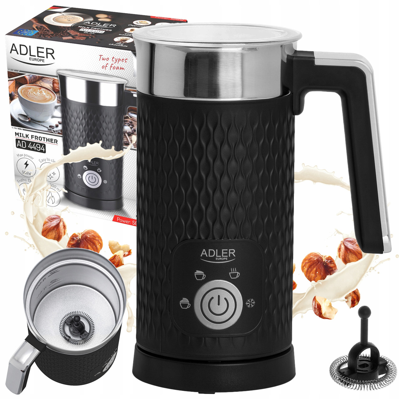 Вспінювач молока Adler AD 4494 black — 500 Вт, 300 мл, 4 функції, бездротова чаша, антипригарне покриття