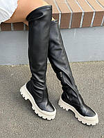 Стильные черные ботфорты кожаные женские на бежевой подошве,демисезон, осень-зима, еврозима, натуральная кожа