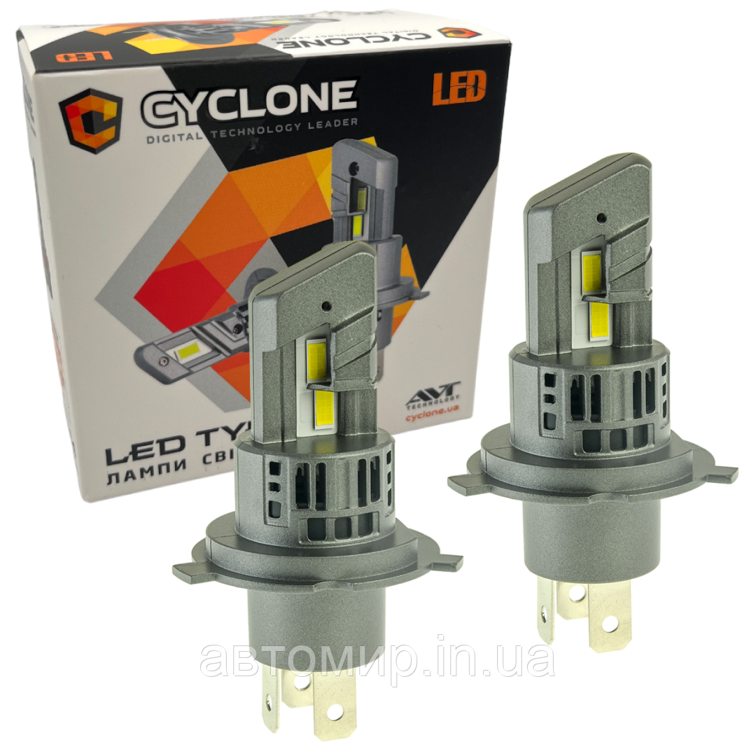 Лампа світлодіодна для фар cyclone led h4 5000k 6700lm 25W type 44 2 шт комплект, фото 1