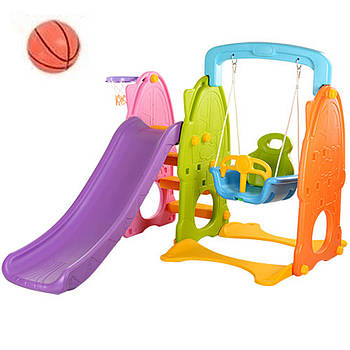 Переносна пластикова дитяча гірка-гойдалка з баскетбольним кільцем та м'ячем Bambi B0903-4 Кольорова