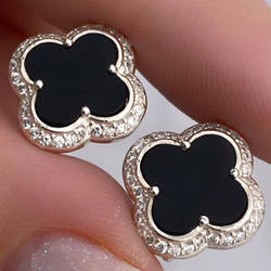 Срібні сережки з оніксом і фіанітами в формі конюшини (1,2 см) ПЛ-104