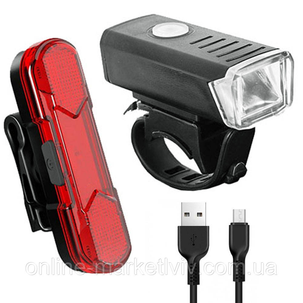 Велосипедна фара передня + задня, від USB, BSK-HY027 / Акумуляторний велосипедний ліхтар / Велоліхтар, фото 1