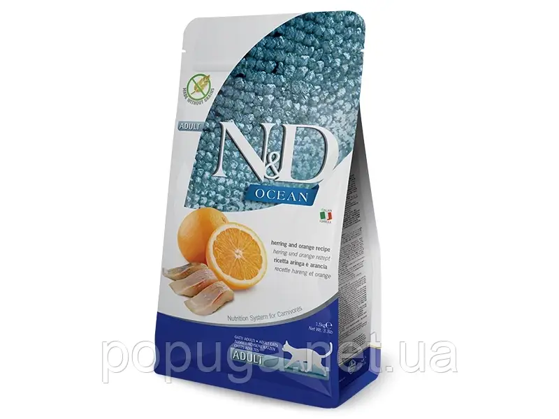 Farmina (Фарміна) N&D Grain Free Ocean Herring & Orange Adult беззерновий корм для котів ОСЕЛЕДЕЦЬ та АПЕЛЬСИН 1,5кг, фото 1