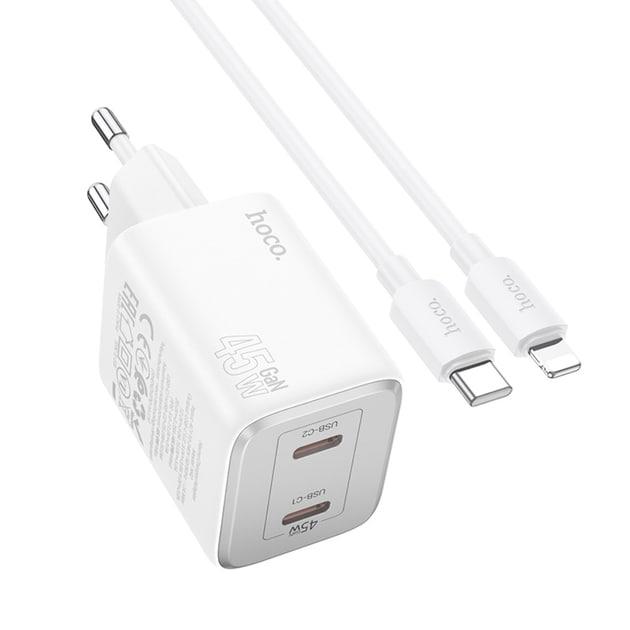 Зарядний пристрій HOCO N42 PD45W QC3 (2Type-C) з кабелем Type-C-Lightning White