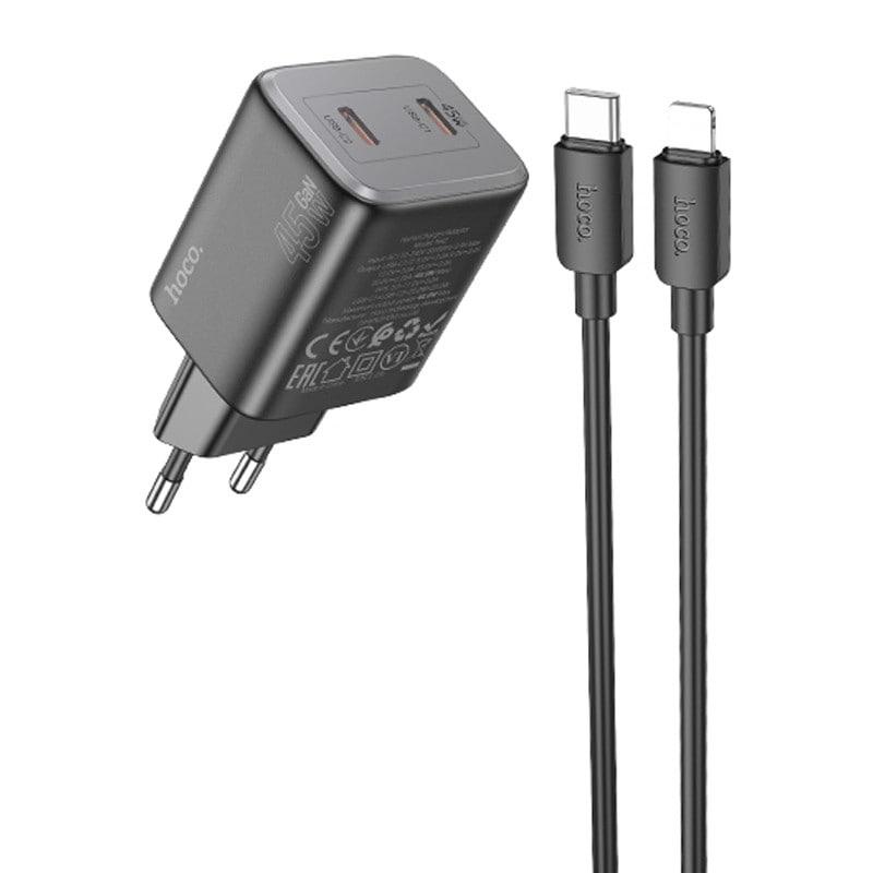 Зарядний пристрій HOCO N42 PD45W+QC3 (2Type-C) + кабель Type-C-Lightning Black