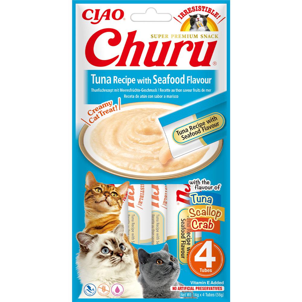 Ласощі INABA "Churu" для котів, вершковий мус в стіках, тунець/морепродукти 4*14 гр(12 шт.уп.) (48 шт.)