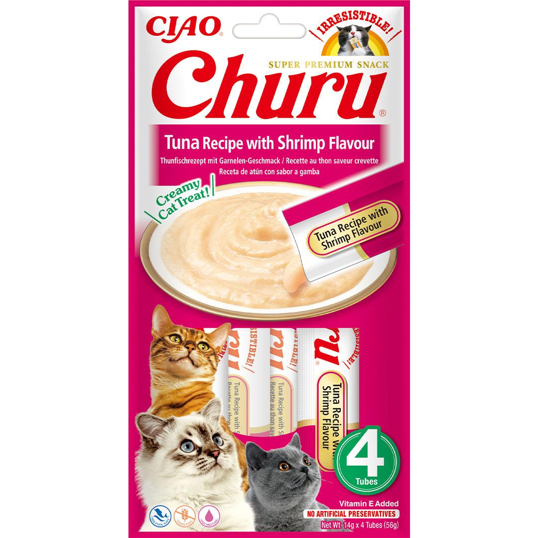 Ласощі INABA "Churu" для котів, вершковий мус в стіках, тунець/креветок 4*14 гр (12 шт.уп.) (48 шт.)