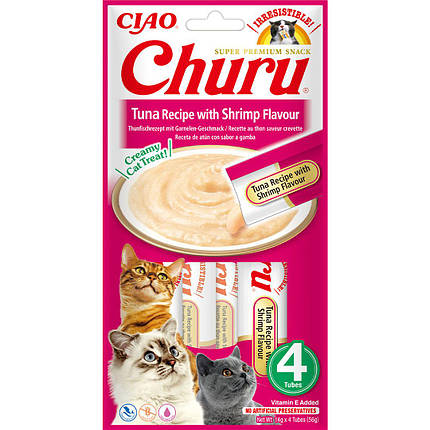 Ласощі INABA "Churu" для котів, вершковий мус в стіках, тунець/креветок 4*14 гр (12 шт.уп.) (48 шт.), фото 1