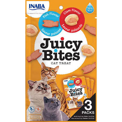 Ласощі INABA "Juicy Bites" для котів, соковиті снеки зі смаком риби і молюсків 3*11,3 гр (6 шт.уп.) (48 шт в, фото 1