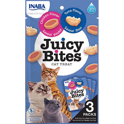 Ласощі INABA "Juicy Bites" для котів, соковиті снеки зі смаком курки і тунця 3*11,3 гр(6 шт.уп.) (48 шт.), фото 1