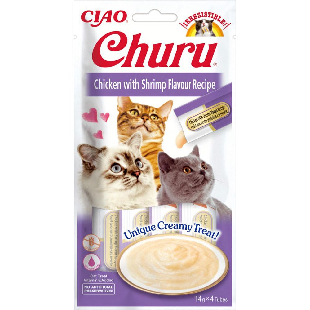Ласощі INABA "Churu" для котів, вершковий мус в стіках, курка/креветка 4*14 гр (12 шт.уп.) (48 шт.)