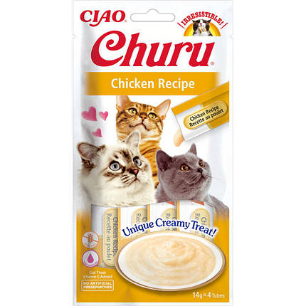 Ласощі INABA "Churu" для котів, вершковий мус в стіках, з куркою 4*14 гр (12 шт.уп.) (48 шт.), фото 1