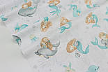 Бязь "Русалка з дельфінами" м'ятного кольору з сірими коралами № Е-3330, фото 3