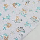 Бязь "Русалка з дельфінами" м'ятного кольору з сірими коралами № Е-3330, фото 2