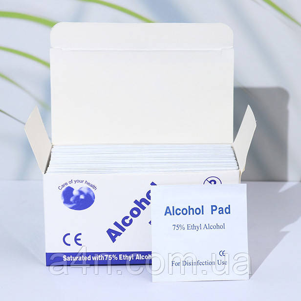 Спиртові антибактеріальні серветки 75% Ethyl Alcohol для дезінфекції та знежирення 100шт/уп.