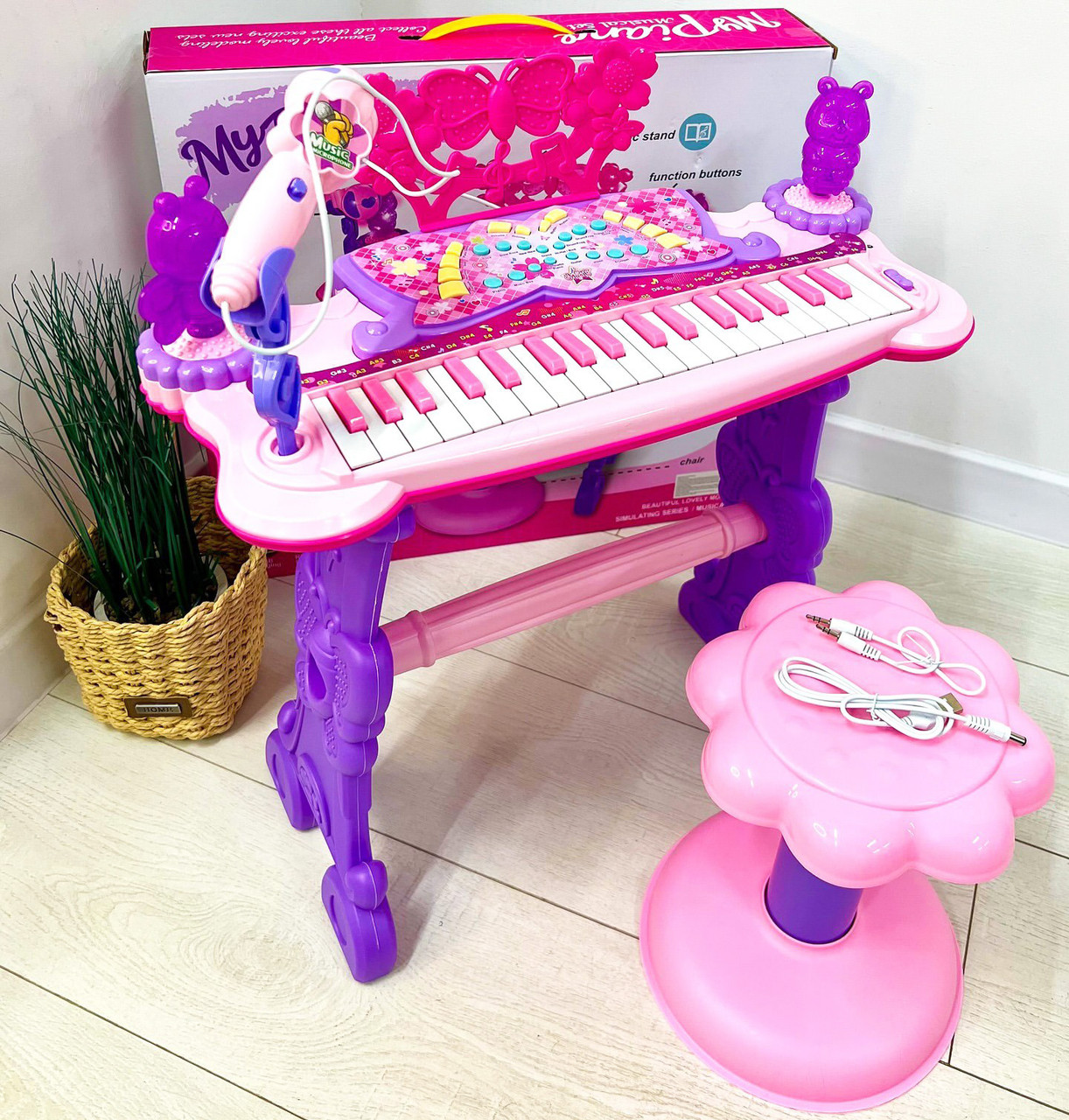Піаніно зі стільчиком і мікрофоном, PIANO, з малиновим метеликом, фото 1