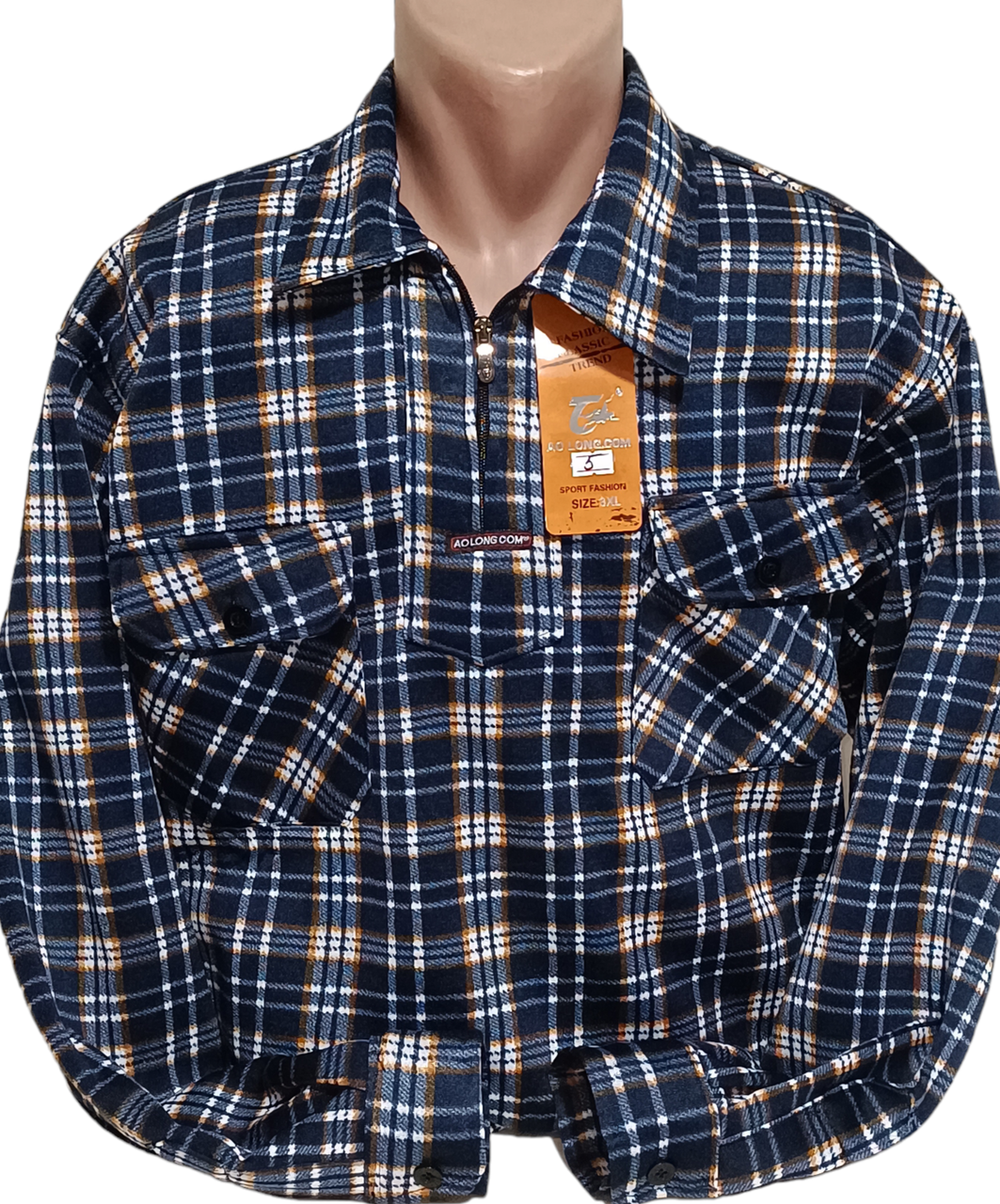 Чоловіча сорочка фланель з начосом AO LONG COM vd-0005 синя, тепла картата чоловіча сорочка на зиму