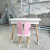 Дитячий столик з відкидним верхом 54х60х45 і стільчик метелик 26х26х24, стіл та стілець для дітей до 7 років, білий з рожевим
